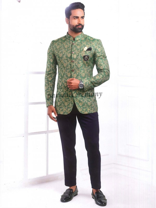 Green Colour Imported Fabric Mens Designer Jodhpuri Suit.