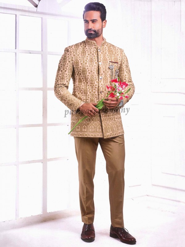 Beige,Cream Colour Imported Fabric Mens Jodhpuri Suit.