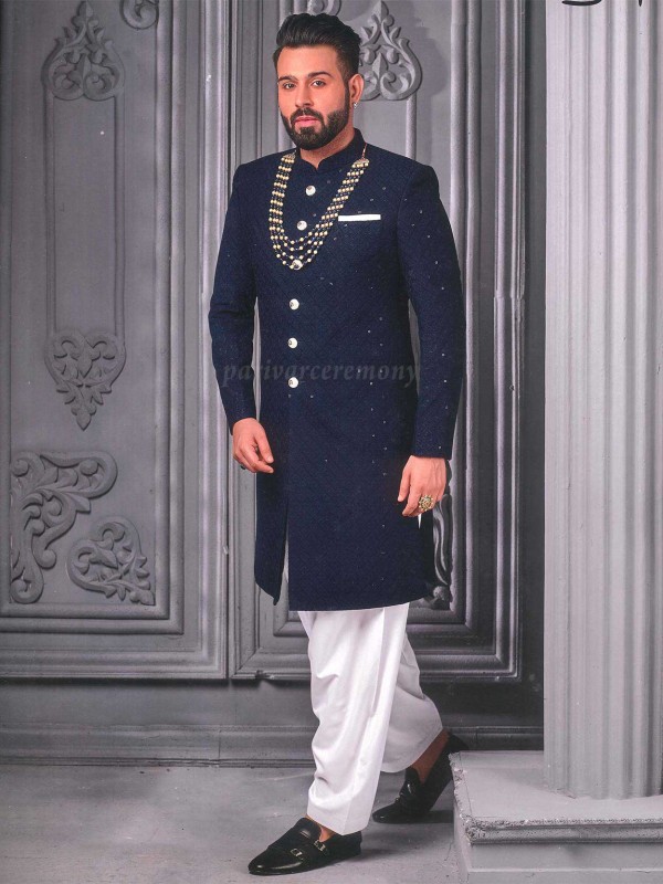 Designer Mens Indowestern Blue Colour Lucknowi,Cotton Fabric.