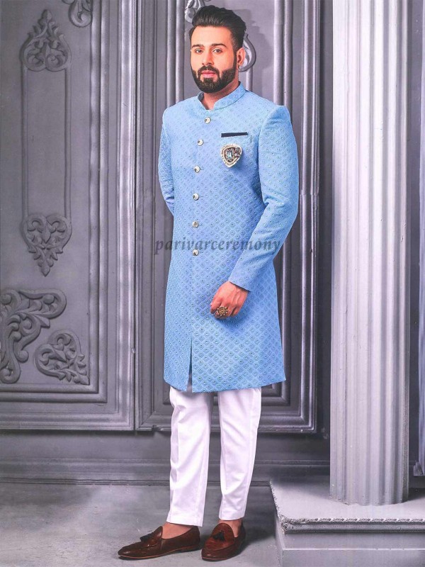 Sky Blue Colour Lucknowi,Cotton Fabric Mens Indowestern.