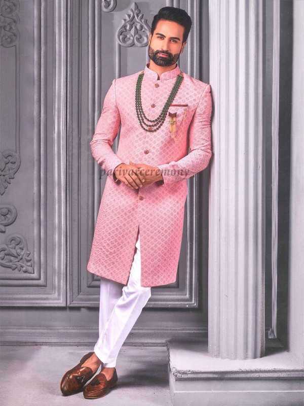 Pink Colour Cotton,Lucknowi Fabric Achkan Style Mens Indowestern.