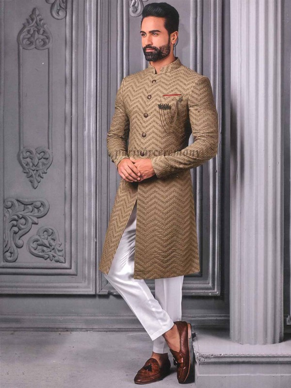 Achkan Style Mens Indowestern Brown Colour Cotton,Lucknowi Fabric.
