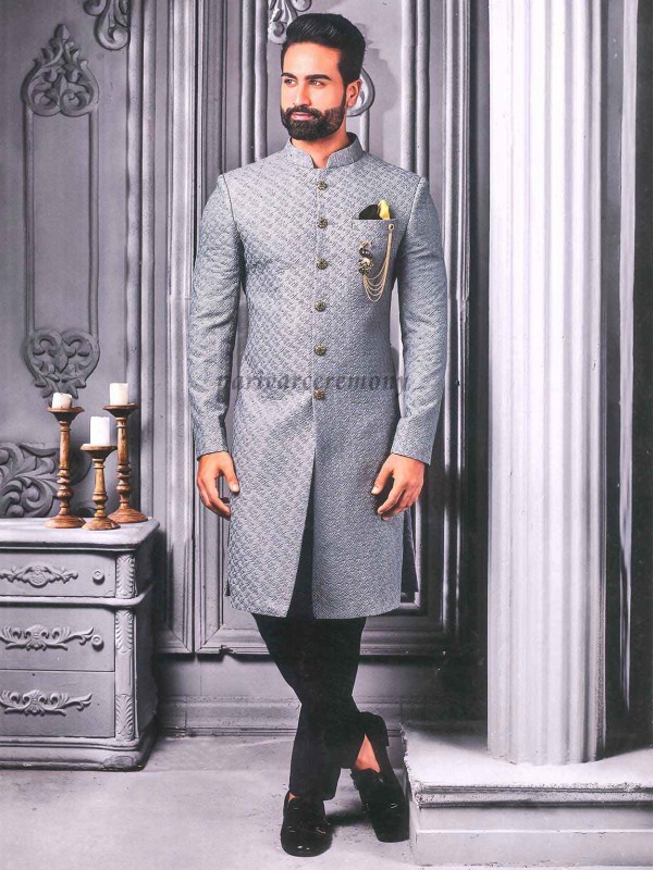 Grey Colour Cotton,Lucknowi Fabric Mens Indowestern.