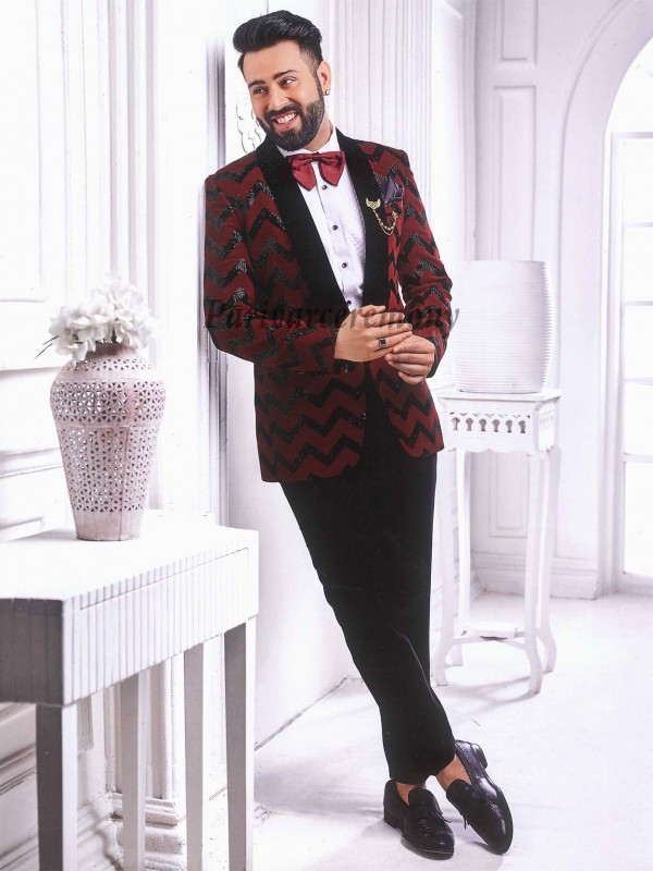 Maroon Colour Designer three Piece Suit in Imported Fabric.