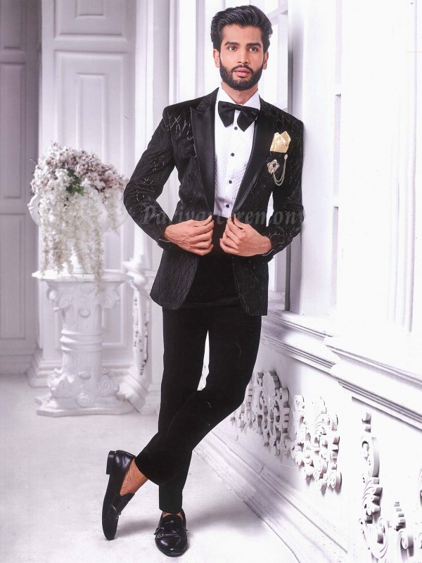 Black Colour Designer Tuxedo Suit in Imported Fabric.