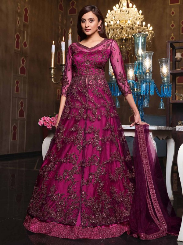 Designer Anarkali Salwar Kameez Pink Colour Net Fabric.
