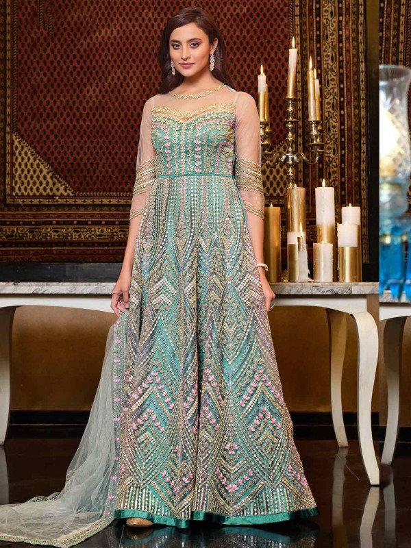 Mint Blue Colour Net Fabric Anarkali Salwar Suit With Sequin,Embroidery Work.