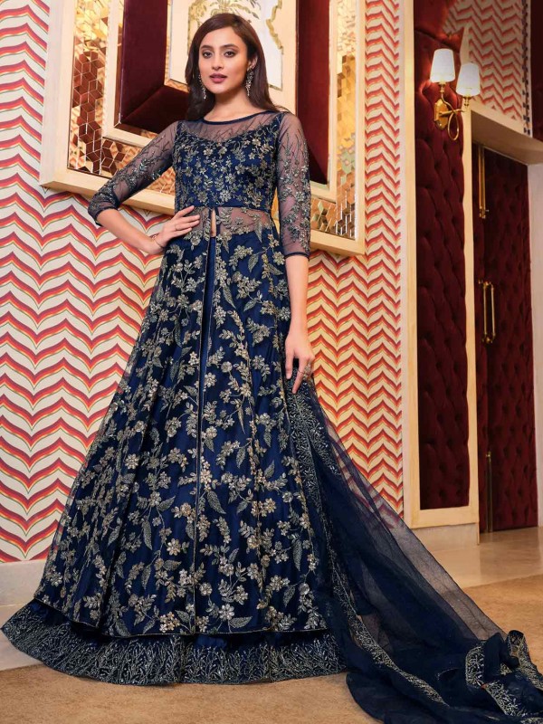 Blue Colour Net Fabric Gown Style Anarkali Salwar Suit.