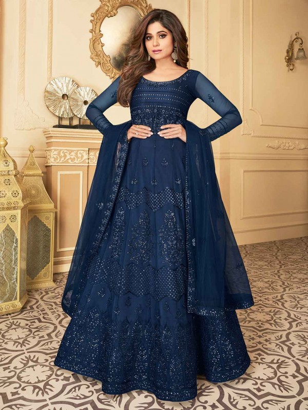 Blue Colour Silk,Net Fabric Anarkali Salwar Suit.