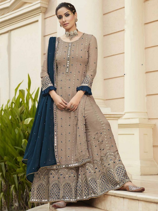 Brown Colour Georgette Fabric Sharara Salwar Suit.