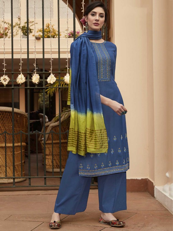 Blue Colour Party Wear Salwar Suit in Cotton Fabric.