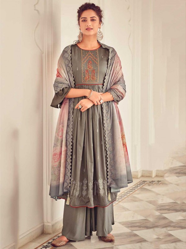 Grey Colour Cotton Fabric Palazzo Salwar Suit.