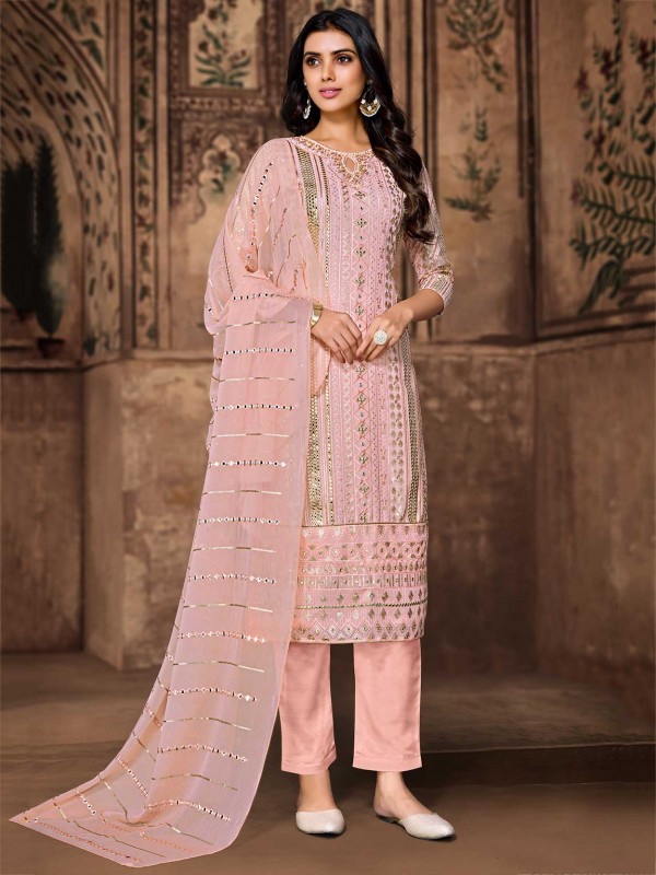Peach Colour Georgette Fabric Salwar Kameez With Lucknowi Work.