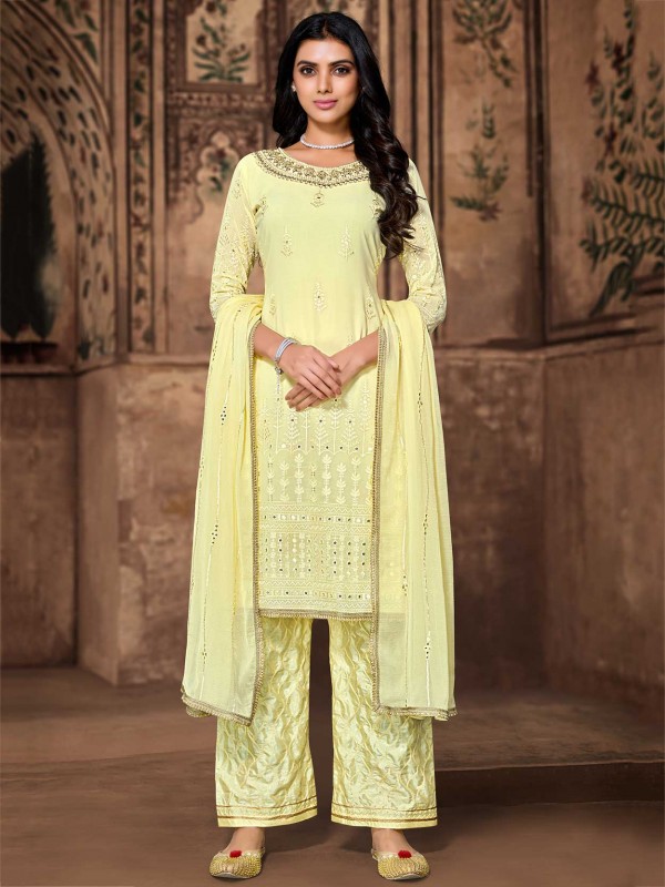 Georgette Fabric Salwar Suit Light Yellow Colour.