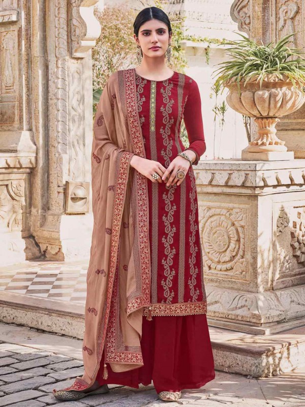 Red Colour Chinon Fabric Designer Salwar Suit.