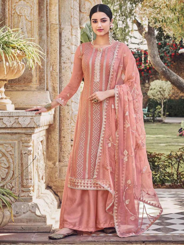 Chinon Fabric Designer Salwar Suit Peach Colour.