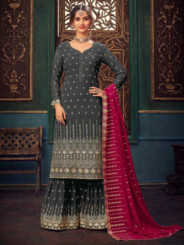Grey Colour Georgette Fabric Sharara Salwar Suit.