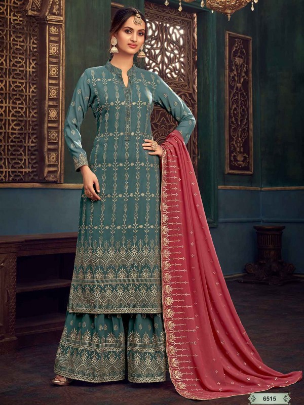 Teal Blue Colour Sharara Salwar Kameez Georgette Fabric.