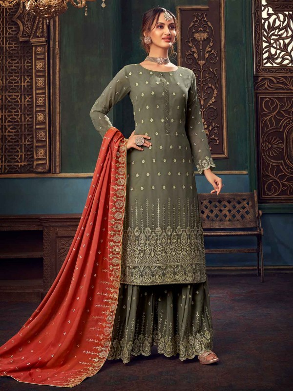 Grey,Green Colour Georgette Fabric Salwar Kameez.