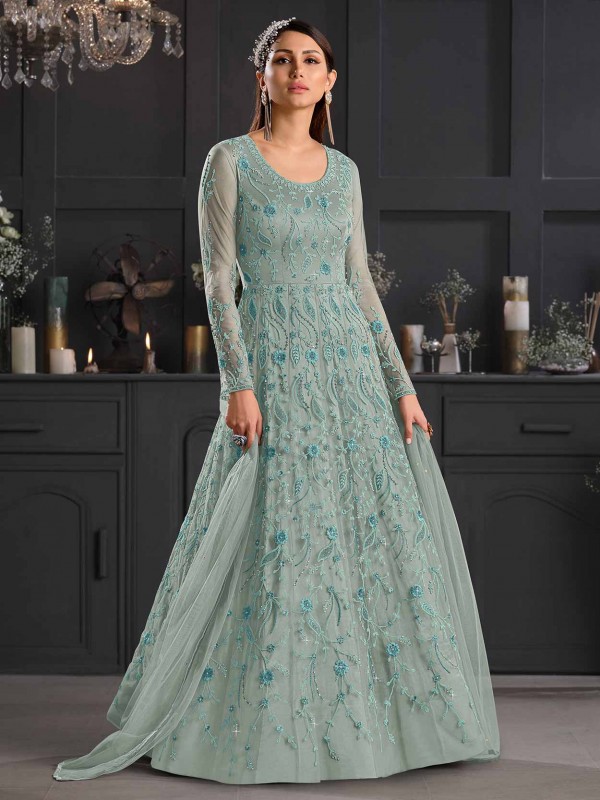 Net Fabric Women Salwar Kameez Turquoise Colour.