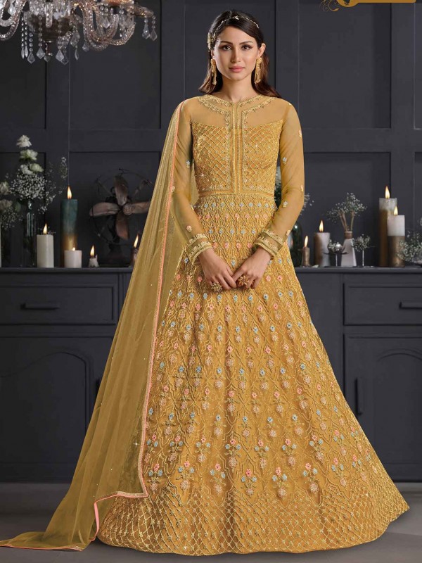 Mustard Yellow Colour Net Fabric Anarkali Salwar Suit.