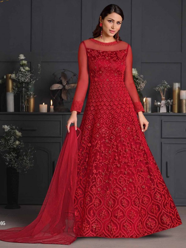 Red Colour Net Fabric Indian Designer Salwar Suit.