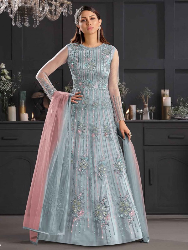 Sky Blue Colour Net Fabric Salwar Suit With Zari,Embroidery Work.