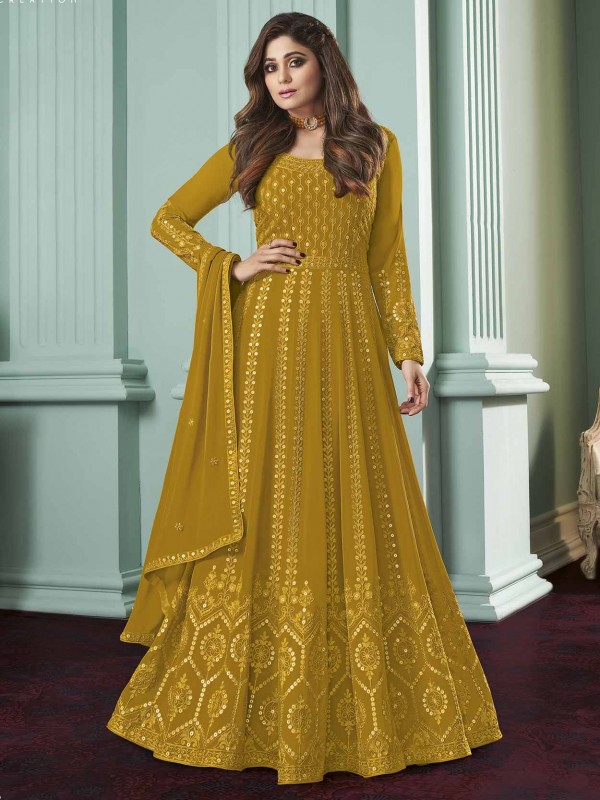 Georgette Fabric Anarkali Salwar Suit Mustard Yellow Colour.