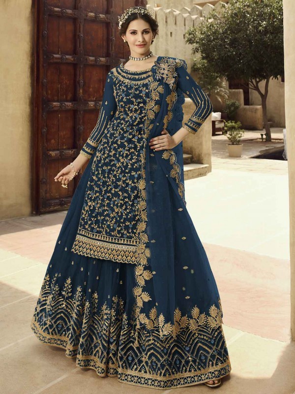 Blue Colour Lehenga Style Salwar Suit in Net,shantoon Fabric.