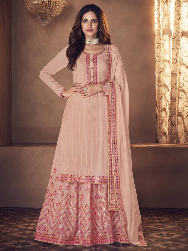 Peach Colour Georgette Fabric Sharara Salwar Suit.