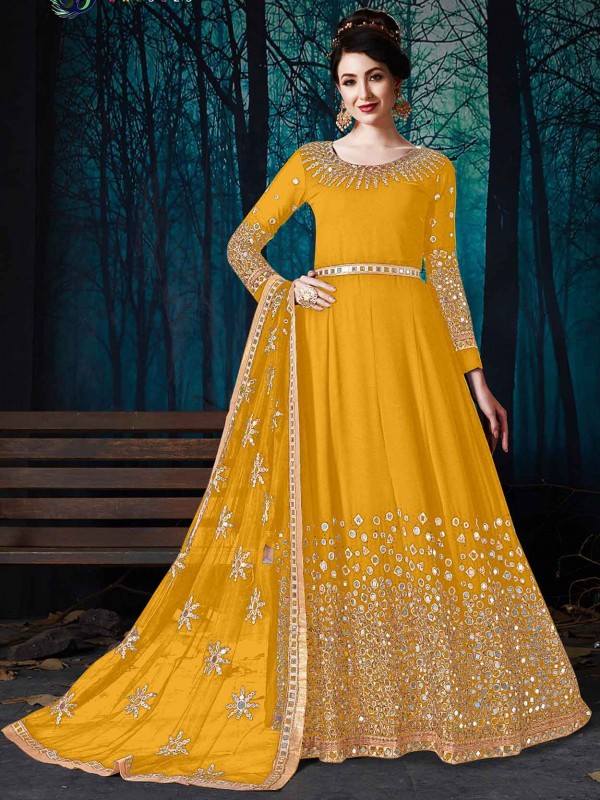 Yellow Colour Georgette Fabric Anarkali Salwar Kameez.