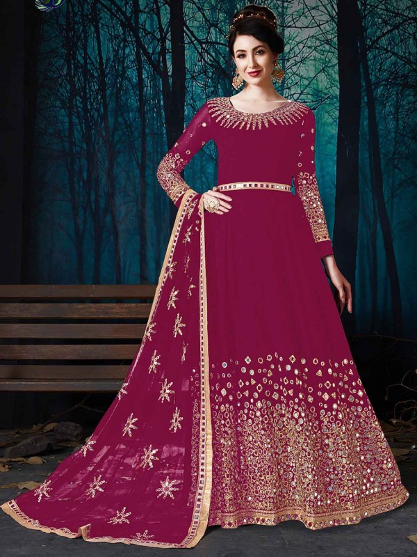 Wine Colour Georgette Fabric Anarkali Salwar Suit.