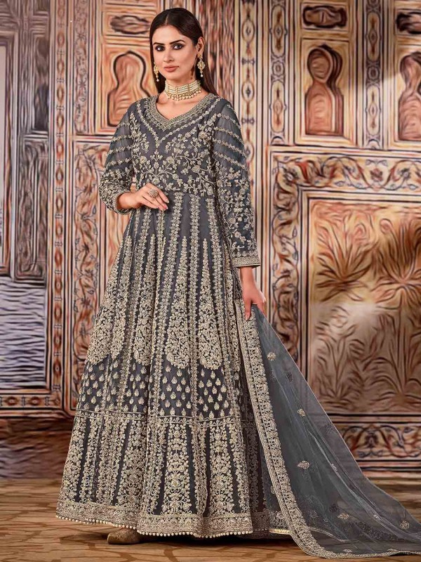 Black,Grey Colour Net Fabric Anarkali Salwar Kameez.