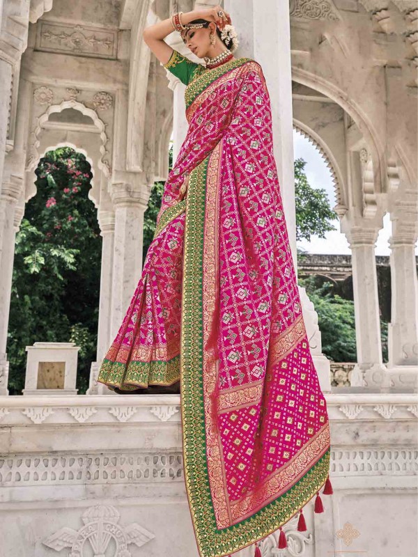 Indian Designer Saree Pink Colour Silk Fabric.