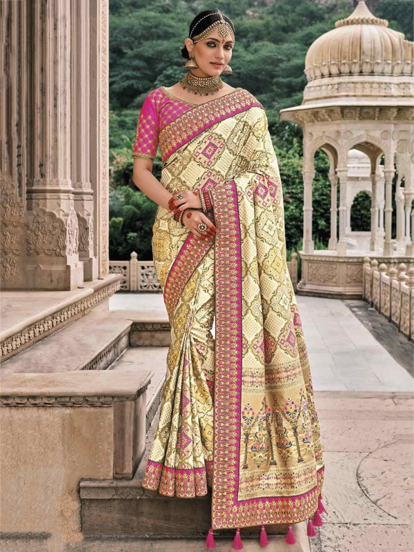 Cream Colour Silk Fabric Wedding Saree in Hand Work.