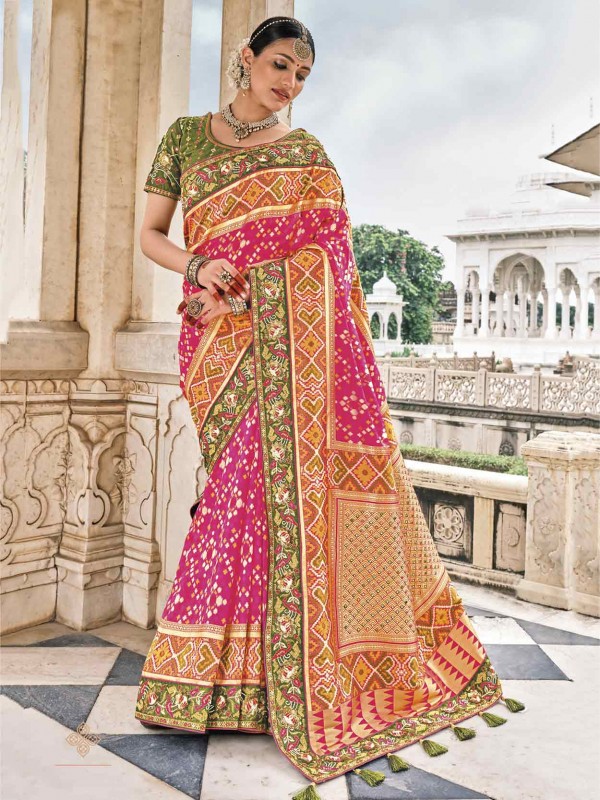 Pink,Golden Colour Silk Designer Saree in Hand Work.