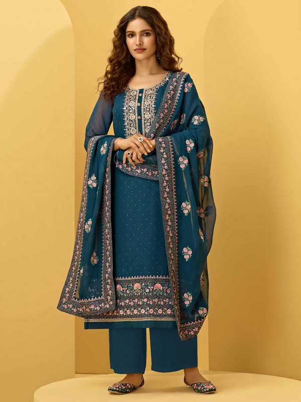 Blue Colour Georgette Fabric Designer Palazzo Salwar Suit.
