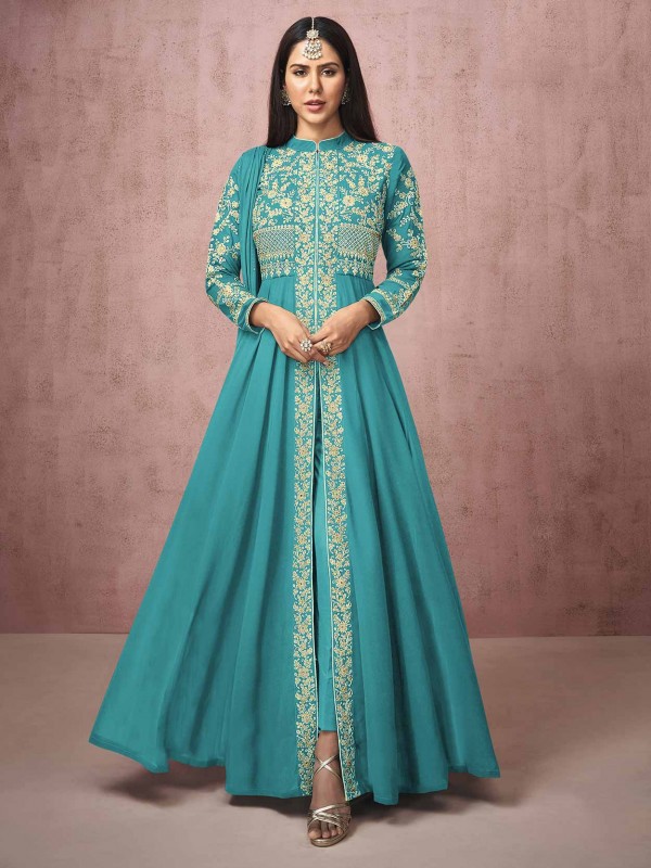 Rama Green Colour Georgette Fabric Anarkali Salwar Suit.