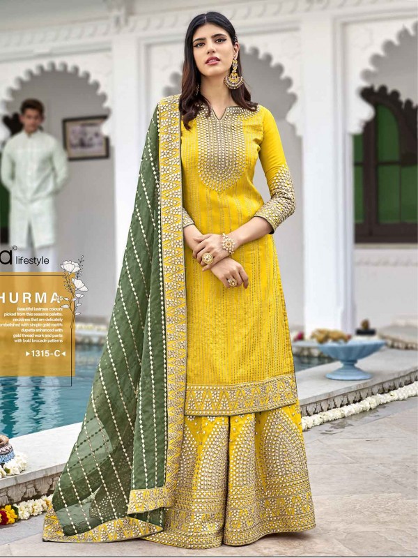 Designer Sharara Salwar Suit Yellow Colour in Georgette Fabric.