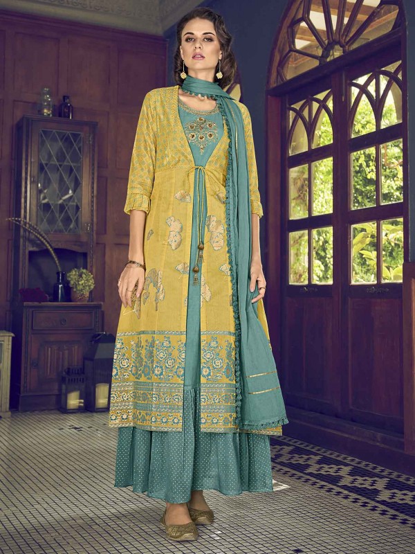 Green,Yellow Colour Silk Designer Salwar Suit.