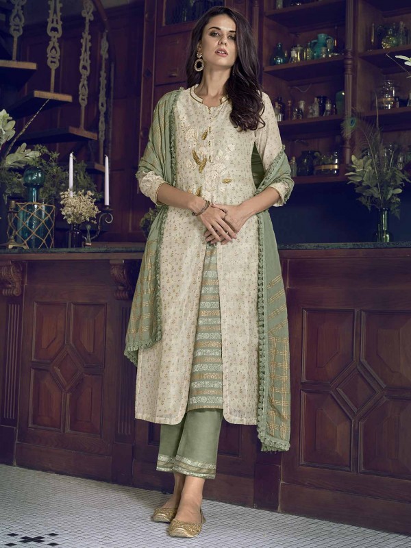 Art Silk Fabric Cream,Green Colour Designer Salwar Suit.