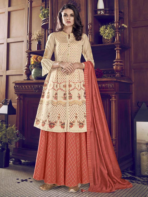 Cream,Red Colour Art Silk Fabric Designer Salwar Suit.