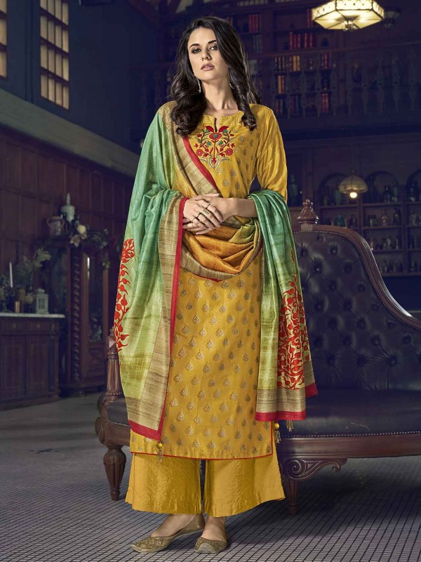 Mustard Yellow Colour Silk Fabric Party Wear Salwar Suit.
