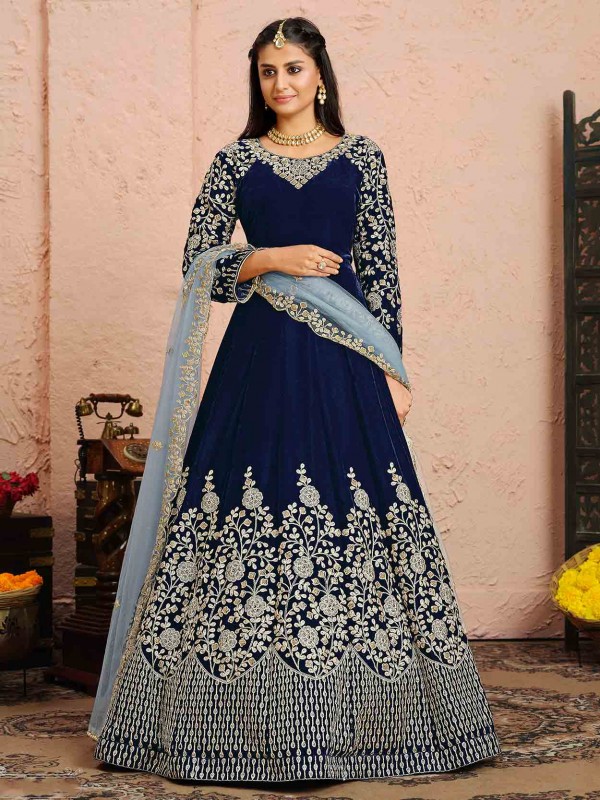 Velvet Fabric Designer Anarkali Salwar Suit Blue Colour.