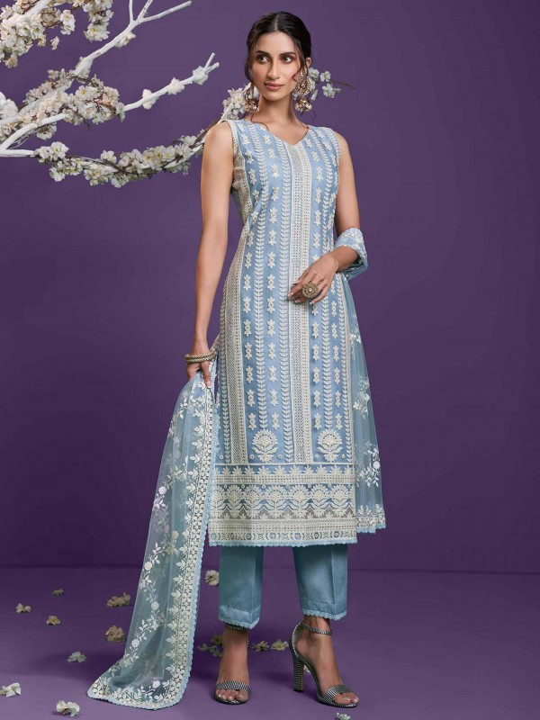 Steel Blue Colour Net Fabric Lucknowi Salwar Suit.