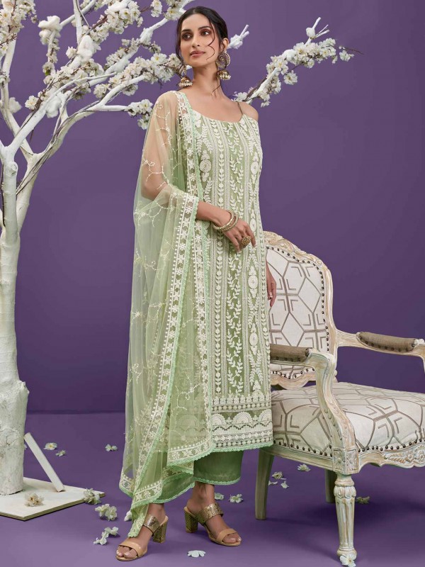 Pista Green Colour Net Fabric Designer Lucknowi Salwar Kameez.