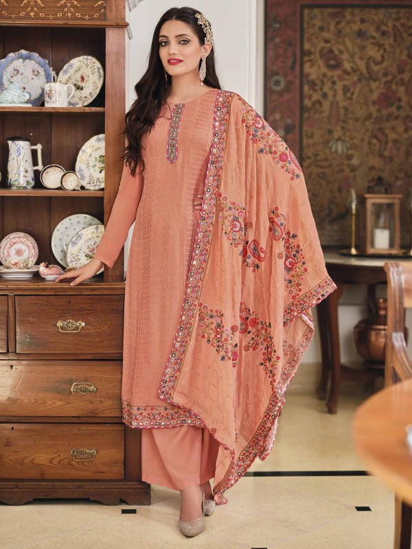 Peach Colour Chinon Fabric Designer Salwar Kameez.