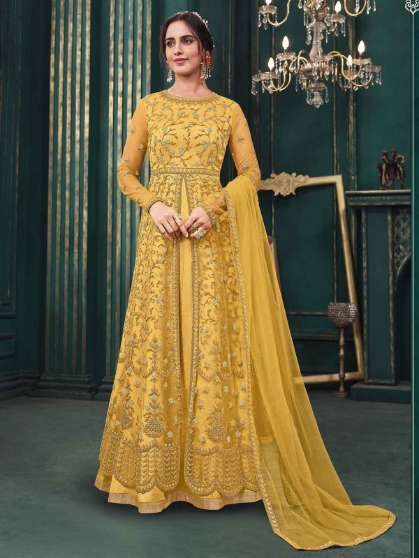 Net Fabric Designer Anarkali Salwar Suit Yellow Colour.