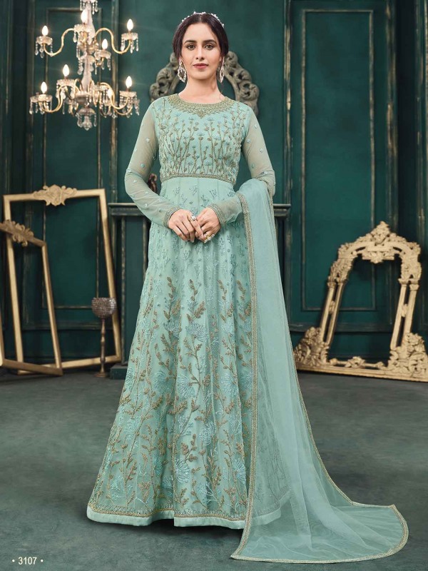 Turquoise Colour Net Designer Anarkali Salwar Kameez.