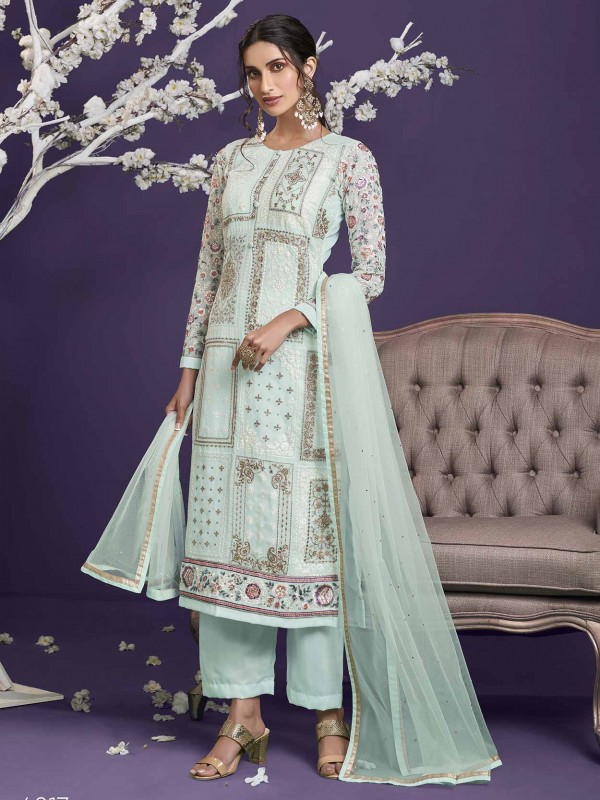 Sky Blue Colour Georgette Fabric Designer Salwar Suit.